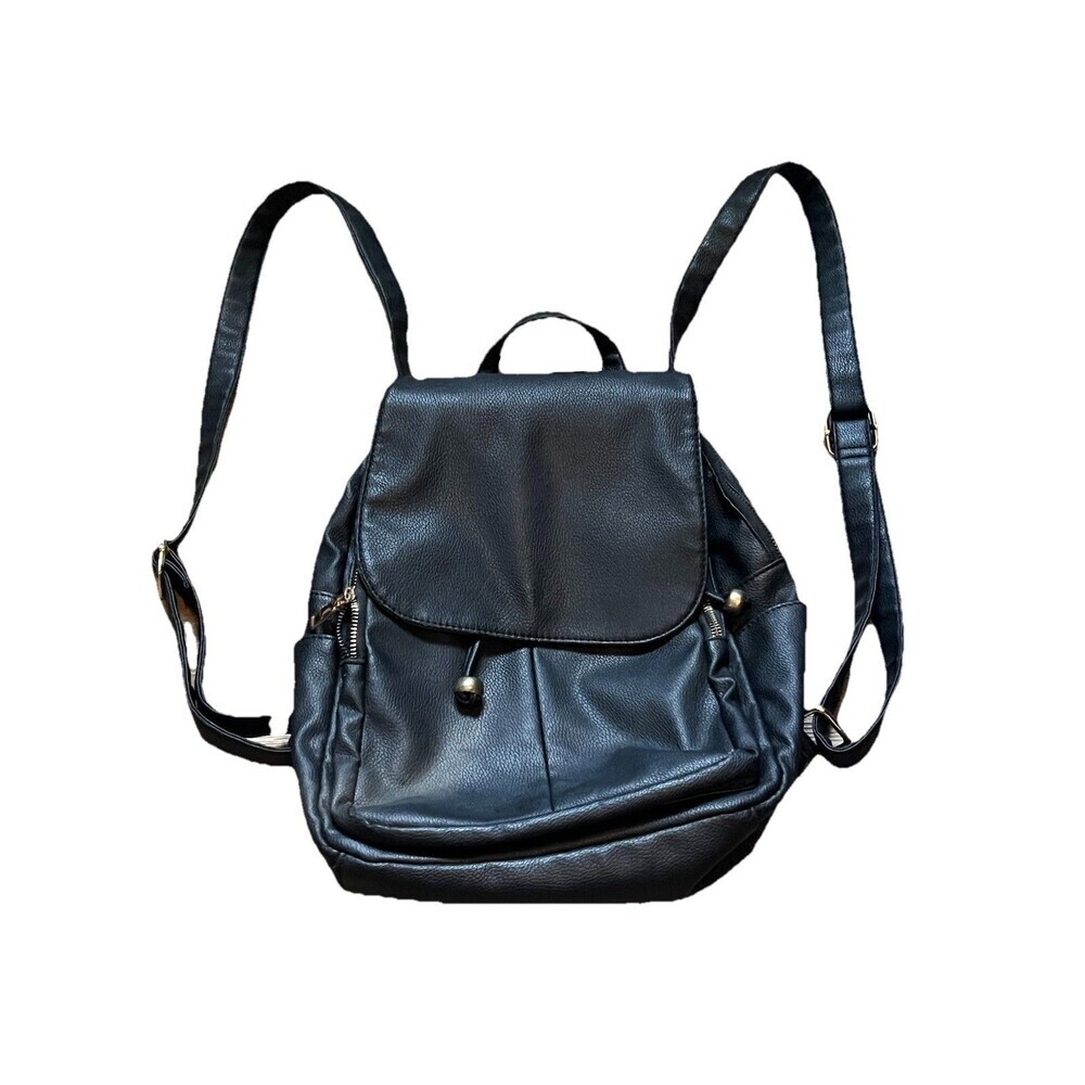 Faux Leather Zip Pocket Backpack, Women's Black/Gold
